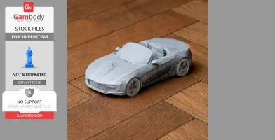 Miniature 3D-printed Alfa Romeo 2uettottanta car model on a wooden floor.