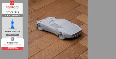 3D printed scale model of Alfa Romeo 33 Stradale on a wooden surface.