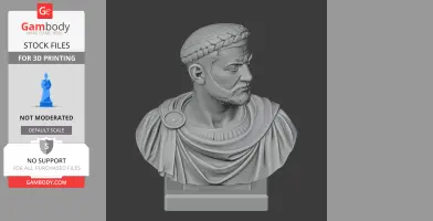 3D printable bust of Diocletian, featuring detailed attire and laurel wreath on head.
