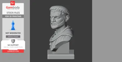 3D printed bust of a historical warrior, wearing a laurel crown, with detailed drapery and a stern expression.