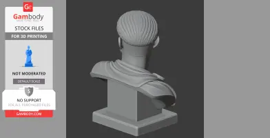 3D model of a Roman bust viewed from behind, showcasing detailed hair and draped clothing on a pedestal.