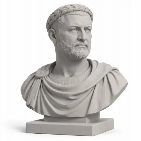 3D print-ready bust of a historical warrior with a laurel crown and draped clothing.