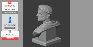 3D model of a Roman warrior bust with intricate hair and clothing details, set on a square pedestal.