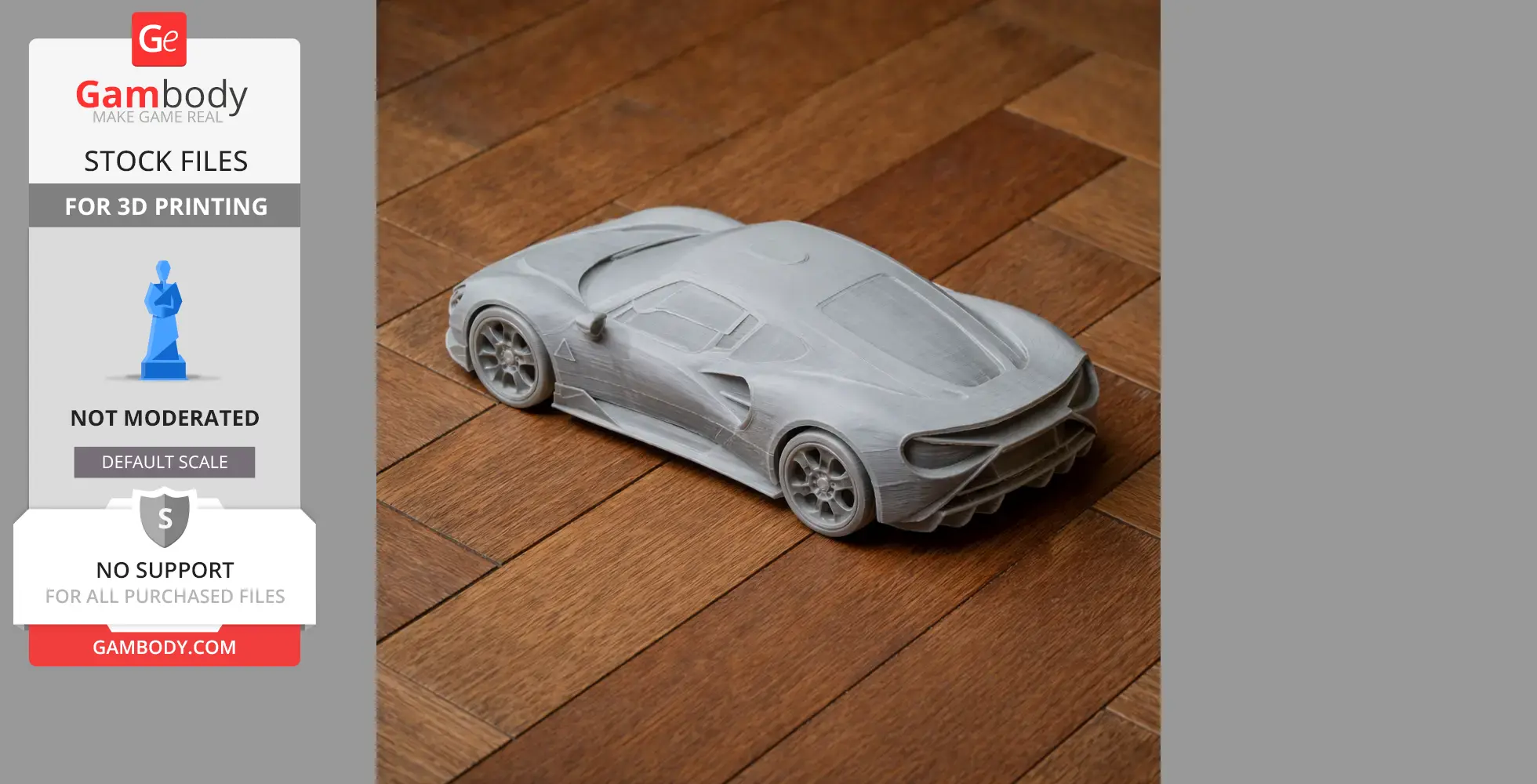 3D-printed Alfa Romeo 33 Stradale model on a wooden floor.