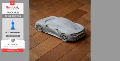 3D-printed Alfa Romeo 33 Stradale model on a wooden floor.