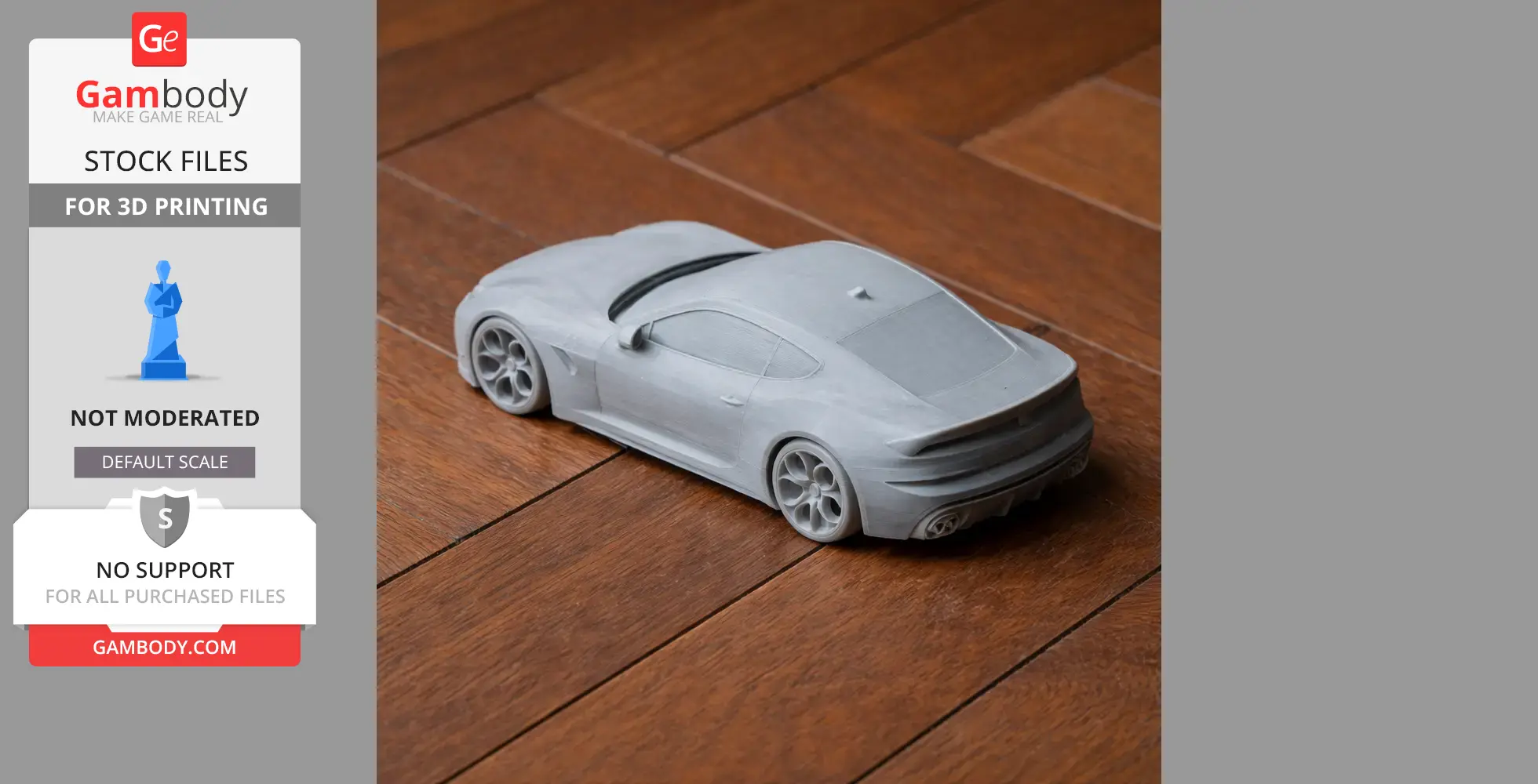 3D printed model of a sleek Alfa Romeo 6C car, placed on a wooden surface.