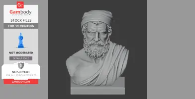 3D-printed bust of a bearded, robed historical figure wearing a headband.