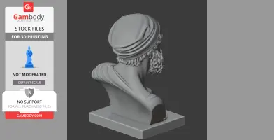 3D-printed bust of a bearded historical figure wearing a draped cap on a display base.