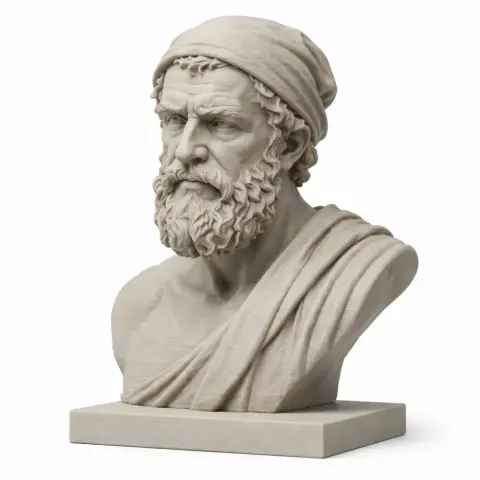 Bust of an ancient bearded warrior with a cap, draped clothing, and a stern expression on a pedestal.