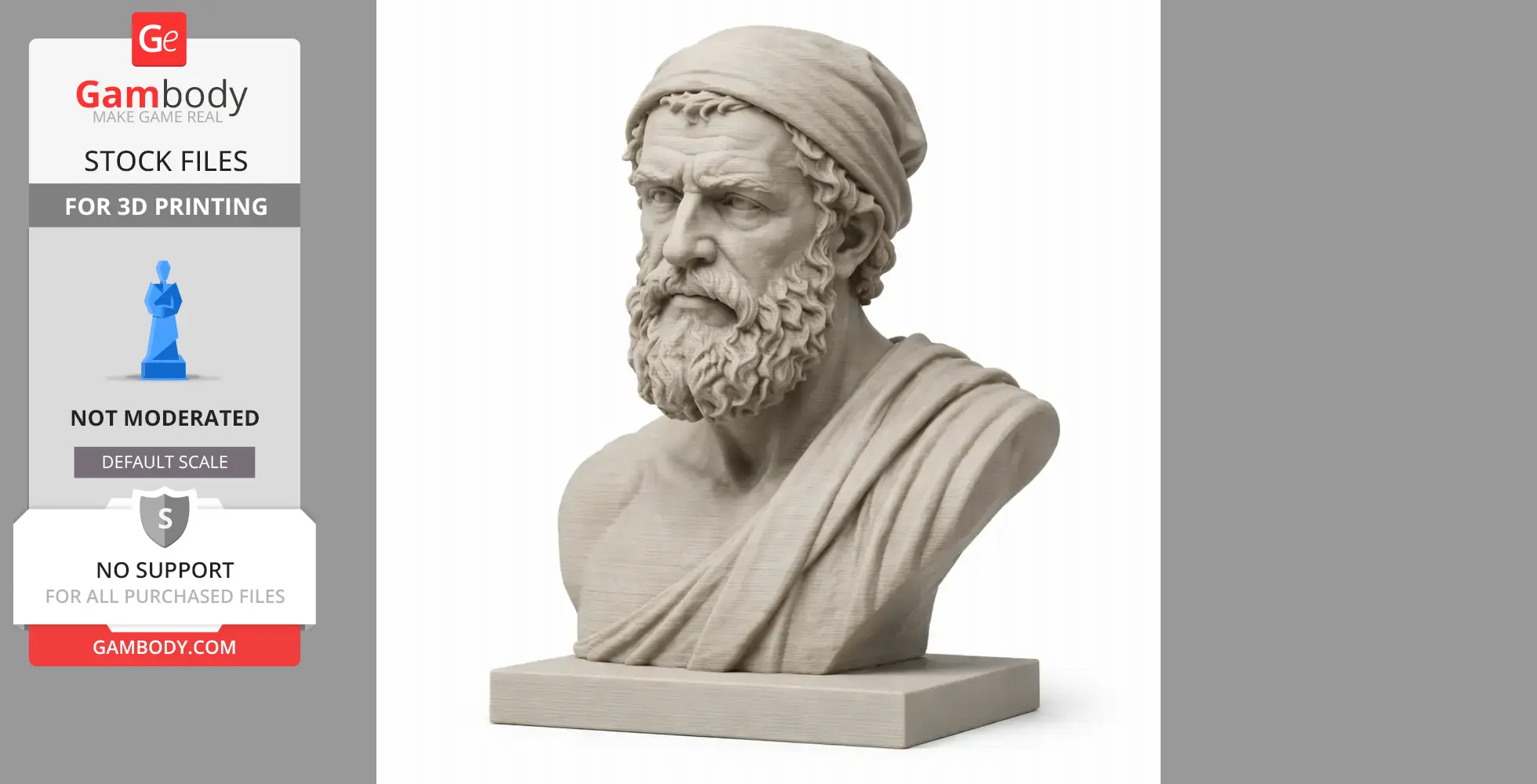 A detailed 3D bust of an ancient warrior with a beard and a headscarf, ready for 3D printing.