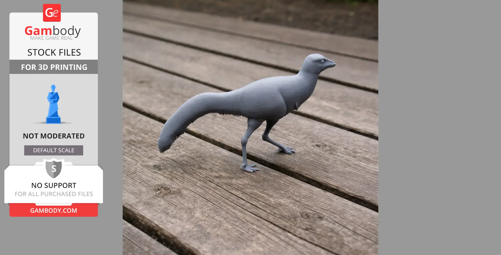A 3D printed Mononykus model on a wooden surface, showcasing its realistic details.
