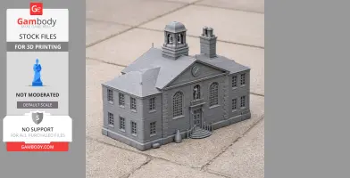 Detailed 3D model of a classic almshouse with a bell tower and chimney, shown on a tiled surface.