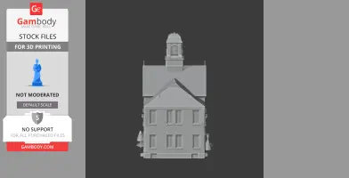 3D model of a classic almshouse with symmetrical windows and a central bell tower.