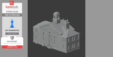 3D model of a historic almshouse with arched windows, a central clock tower, and chimneys.
