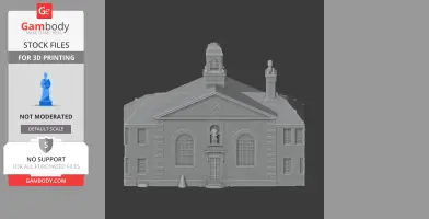 3D model of classic almshouse architecture with arched windows and central statue.