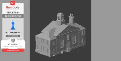 A detailed 3D model of a vintage almshouse with chimneys and a central clock tower.