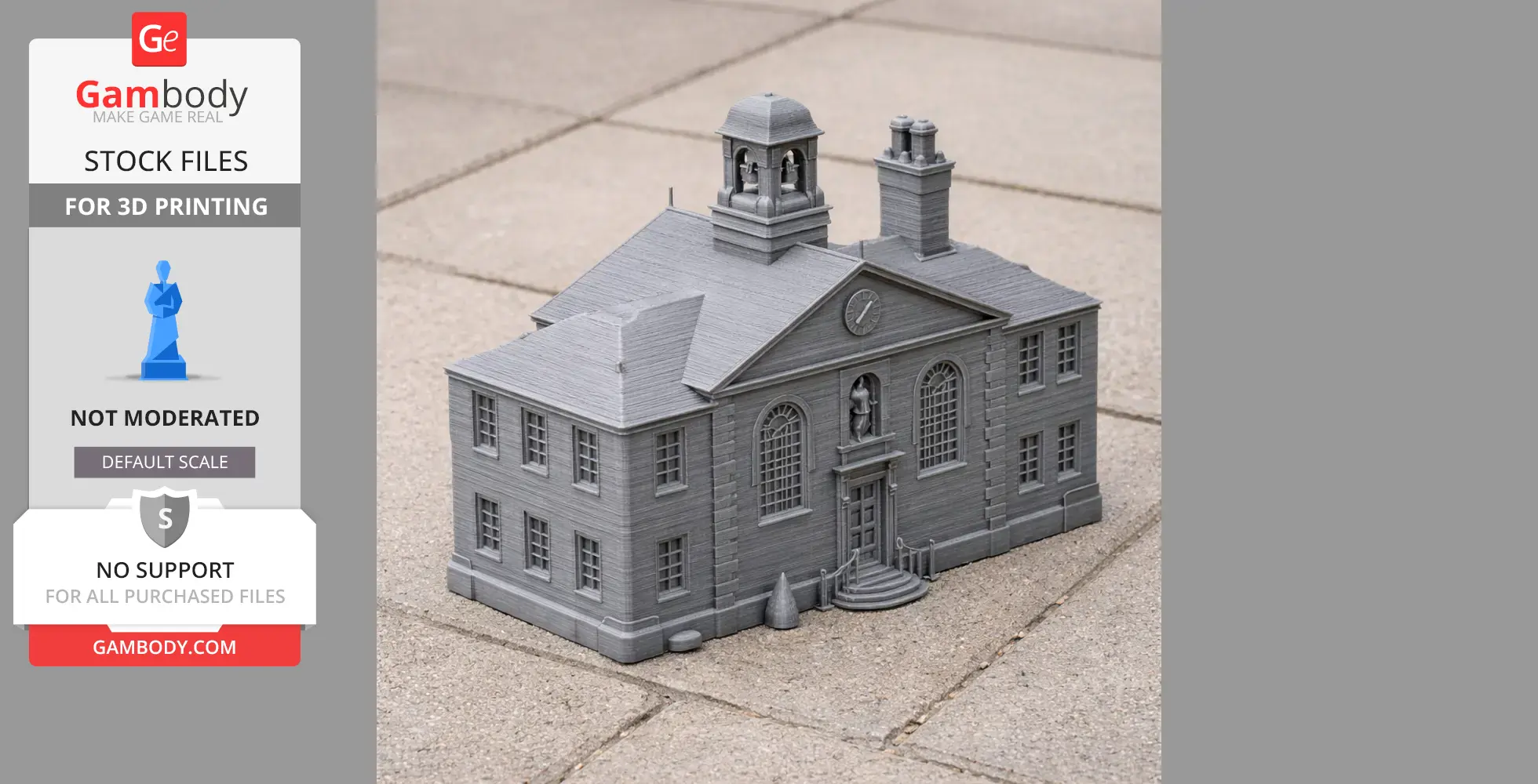 Detailed 3D model of a classic almshouse with a bell tower and chimney, shown on a tiled surface.