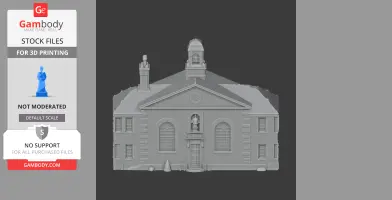 A detailed, classic-style 3D model of an almshouse building with large windows and a central statue niche.