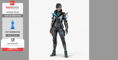 A 3D model of a futuristic warrior in black and blue armor, equipped with various gadgets and weapons.