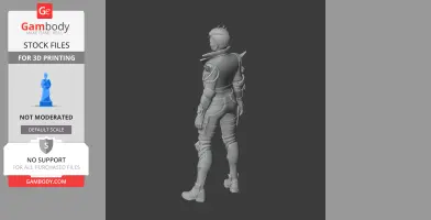 3D model of a futuristic warrior character in armor, standing with a confident pose.