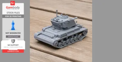 3D-printed gray model of an A10 Cruiser tank with detailed tracks and turret on a wooden surface.