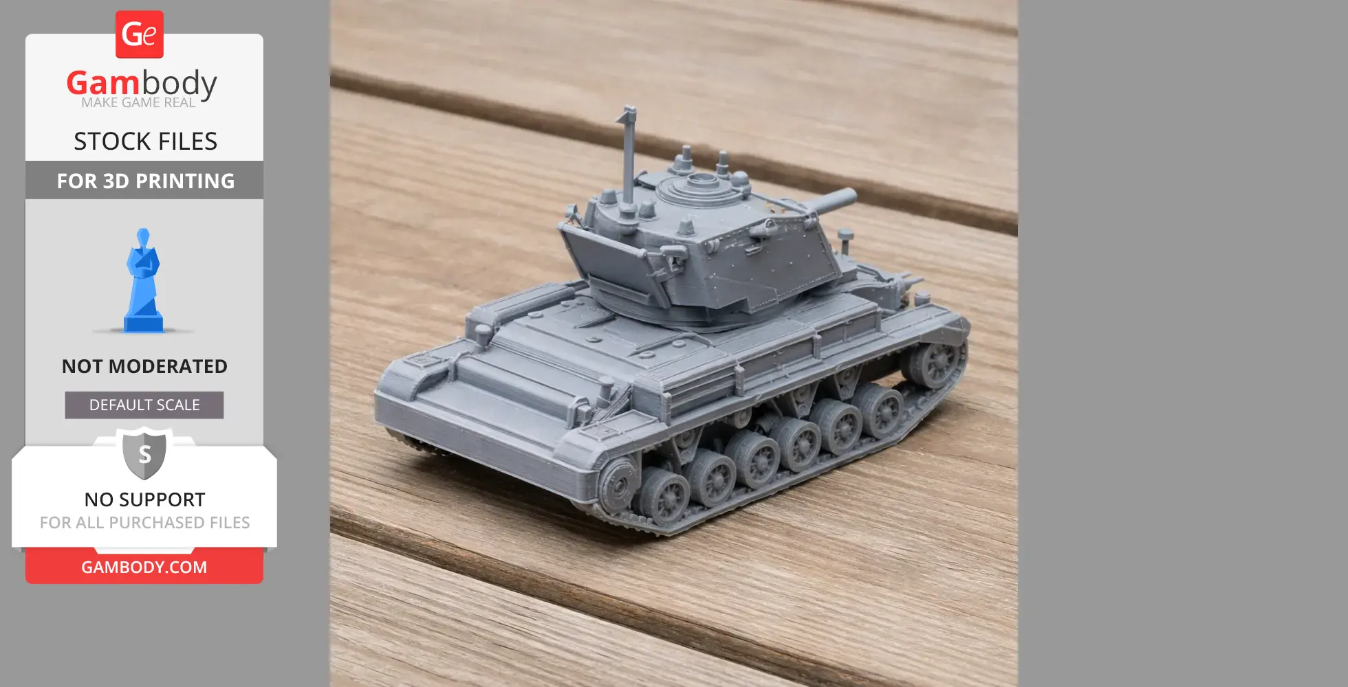 3D-printed gray model of an A10 Cruiser tank with detailed tracks and turret on a wooden surface.