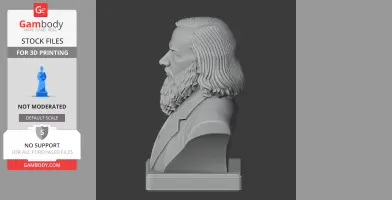 3D-printed bust of a bearded man with long hair, in profile, wearing a jacket.