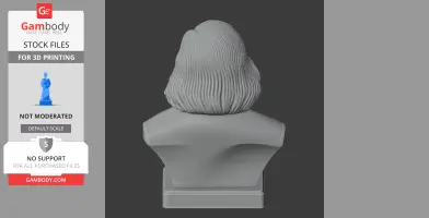 3D printed bust of a historical figure with long, textured hair, viewed from the back.