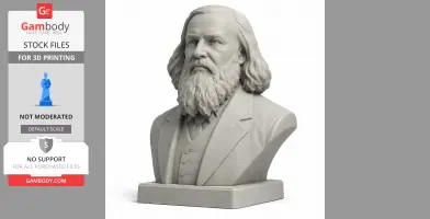 3D printed bust of a bearded man with long hair, wearing a suit and tie, on a square base.