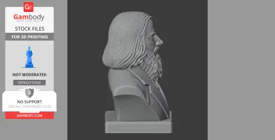 3D bust of a historical figure with long hair and beard, viewed from the side, on a display base.