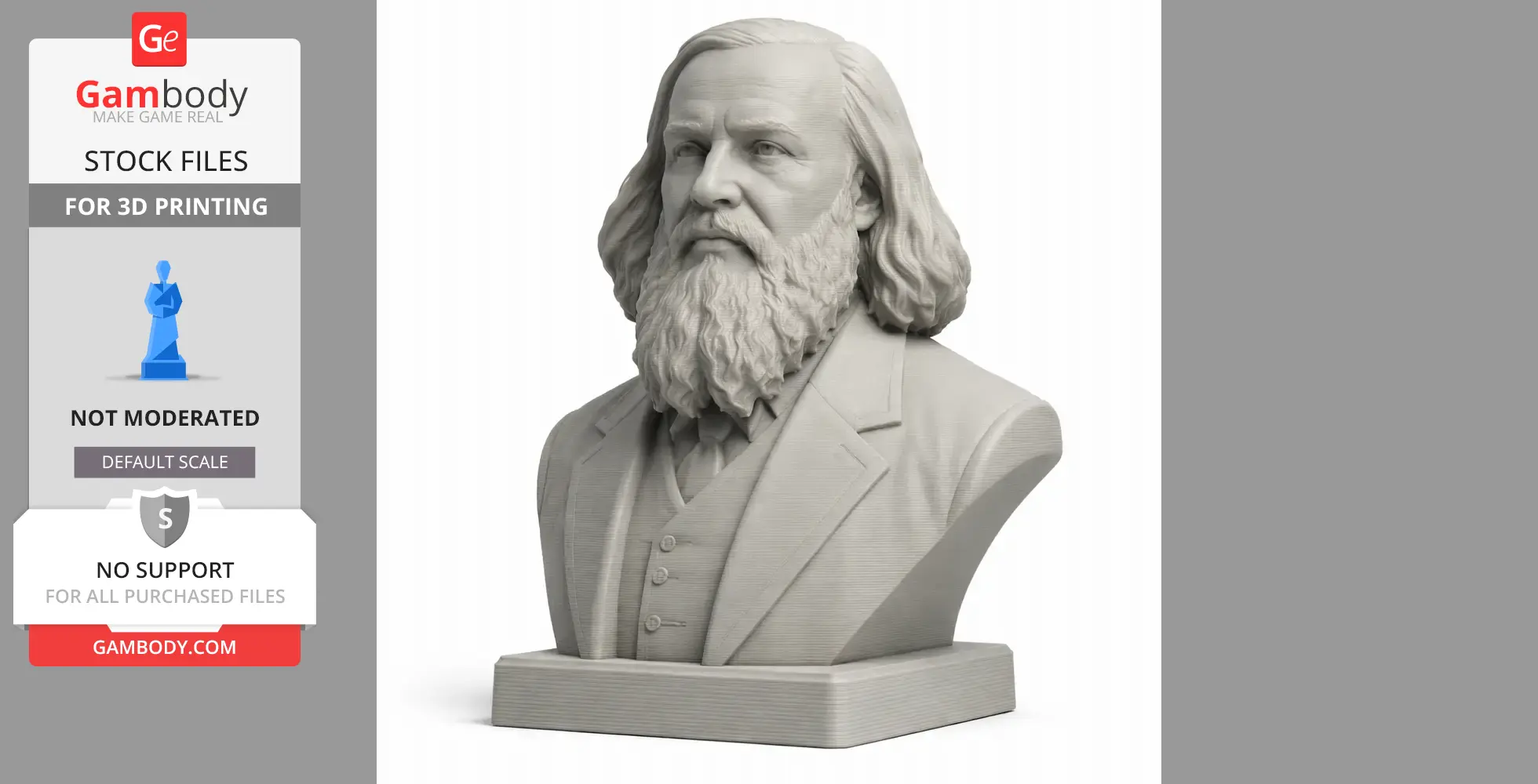 3D printed bust of a bearded man with long hair, wearing a suit and tie, on a square base.