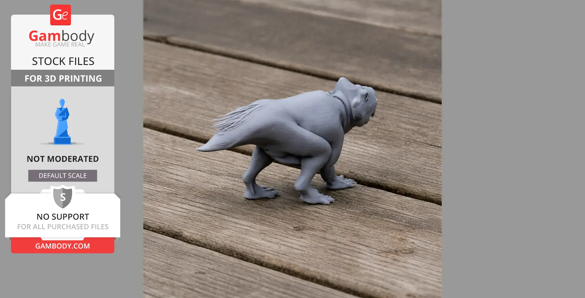 Gray 3D-printed Montanoceratops model on a wooden surface.