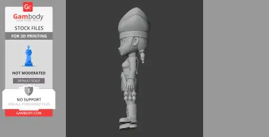 3D model of a cartoonish character in profile, wearing a large hat and boots, designed for 3D printing.