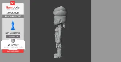 Side view of a stylized character figurine with a large hat and detailed boots, designed for 3D printing.