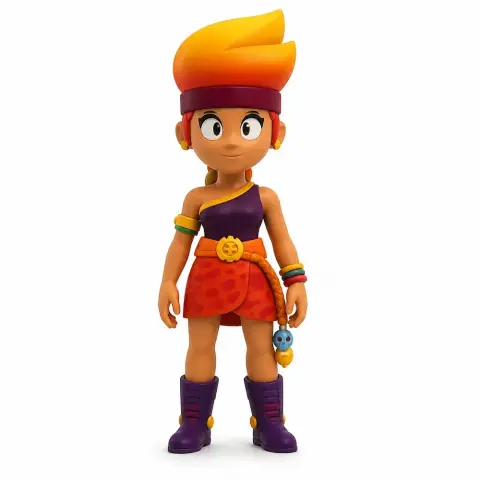 A colorful 3D model of a cartoon character with orange hair, wearing a purple and red outfit with boots.