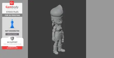 3D model of a cartoon-style female figure with large hair, wearing a skirt and boots, suited for printing.