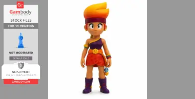 Cartoon character figurine with orange hair, wearing a one-shoulder outfit and boots, from Brawl Stars.
