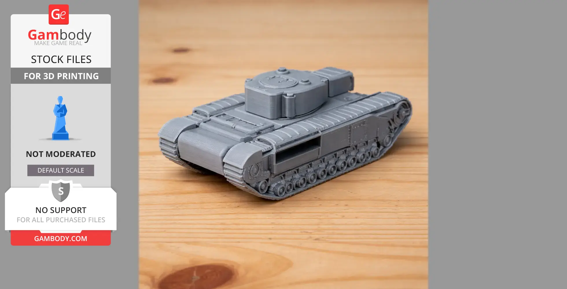 Gray 3D-printed model of an A22 tank on a wooden surface.