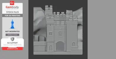 3D model of Alnwick Abbey's architectural facade, featuring towers and arches for 3D printing.