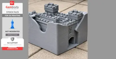 Gray 3D-printed model of a castle-like structure with towers and an archway entrance.