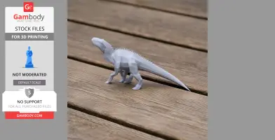 A low-poly 3D printed Morelladon dinosaur model on a wooden surface.