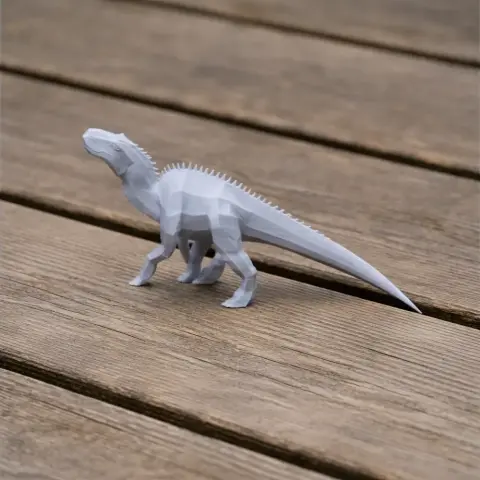 Gray, low-poly Morelladon dinosaur 3D model on wooden surface.