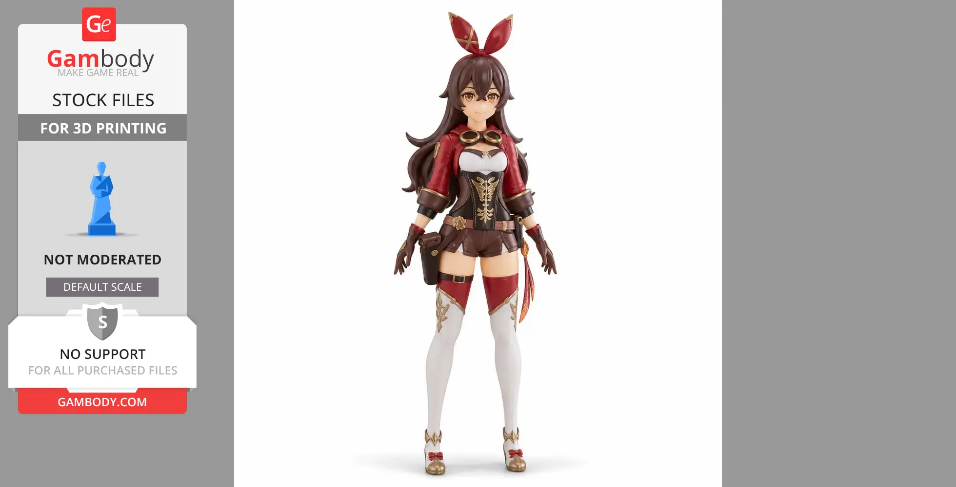 A 3D-printed figure of a female character in red and white attire, with long hair and goggles.