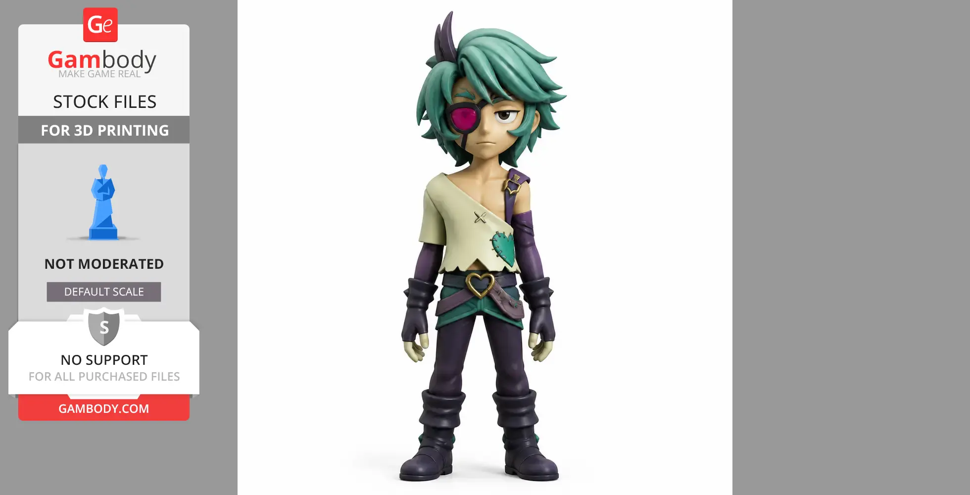 Stylized figurine of a character with teal hair and eyepatch, wearing asymmetrical clothing and boots.