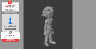 3D model of a stylized character with spiky hair and casual attire, standing in profile view.