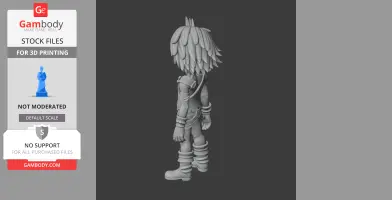 A 3D model of a detailed character figurine with layered hair and armor, viewed from behind.