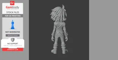 3D model of a character with spiky hair, detailed clothing, and boots, viewed from the back.