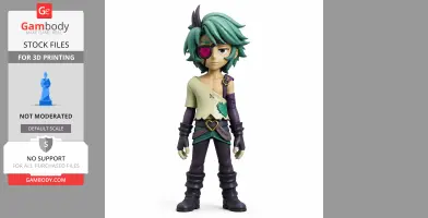 Stylized figurine of a character with teal hair and eyepatch, wearing asymmetrical clothing and boots.