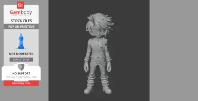 A stylized 3D figurine of a character with spiky hair, goggles, and detailed clothing, for 3D printing.