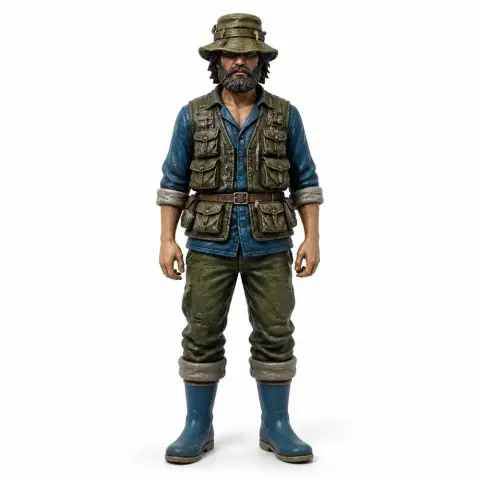 3D model of a bearded fisherman in boots, wearing a hat and vest.